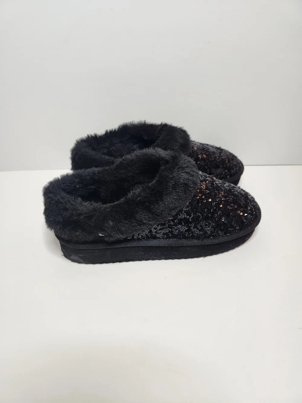 Kids Black Sequin Faux-Fur Mules